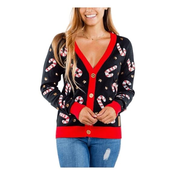 Tipsy Elves Sequin Candy Cane Cardigan Sweater Navy Red Button Front XXL - Picture 1 of 8